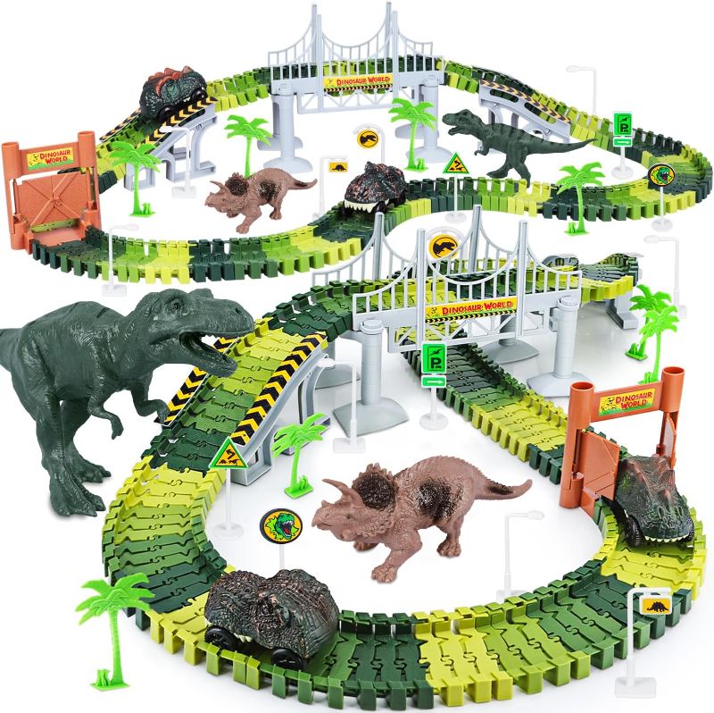 Photo 1 of Dinosaur Toys,Create A Dinosaur World Road Race,Flexible Track Playset and 2 pcs Cool Dinosaur car for 3 4 5 6 Year & Up Old boy Girls Best Gift
