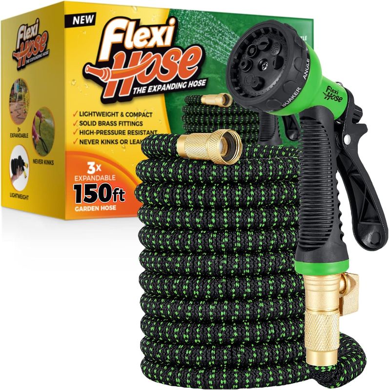 Photo 1 of Flexi Hose with 8 Function Nozzle, Lightweight Expandable Garden Hose, No-Kink Flexibility, 3/4 Inch Solid Brass Fittings and Double Latex Core
