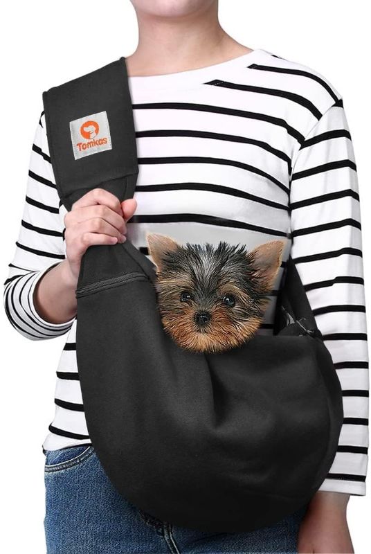 Photo 1 of TOMKAS Small Dog Sling Carrier - Adjust. Strap & Zip Pocket - Suitable for Puppies (Black)
