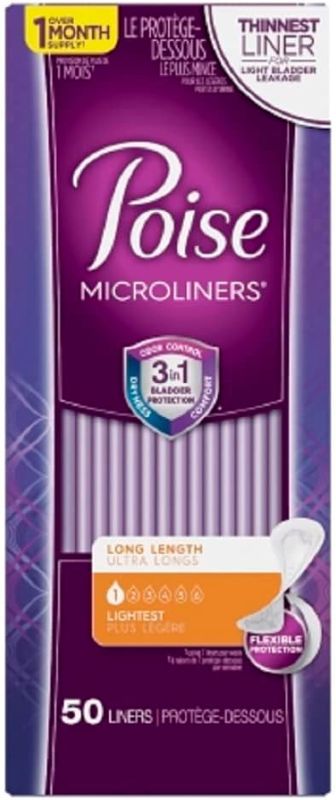 Photo 1 of Poise Microliners Bladder Control Pad 6.9 Inch Length Light Absorbency Absorb-Loc One Size Fits Most Female Disposable, 48288 - Pack of 50
