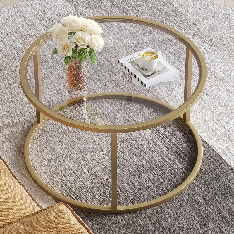 Photo 1 of SAYGOER Small Glass Coffee Table Round Gold Coffee Table for Small Space Modern Simple Center Table with Gold Frame for Living Room Home Office, Easy Assembly
