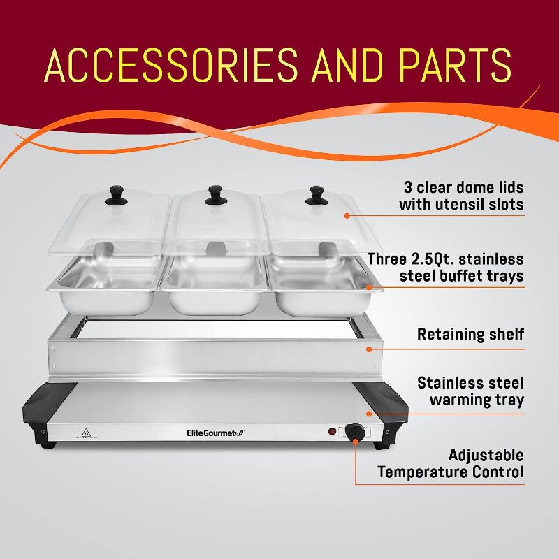 Photo 4 of Elite Gourmet EWM-6171 Triple 3 x 2.5 Qt. Trays, Buffet Server, Food Warmer Temperature Control, Clear Slotted Lids, Perfect for Parties, Entertaining & Holidays, 7.5 Qt Total, Stainless Steel