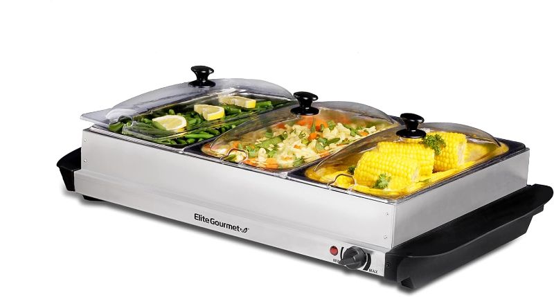 Photo 1 of Elite Gourmet EWM-6171 Triple 3 x 2.5 Qt. Trays, Buffet Server, Food Warmer Temperature Control, Clear Slotted Lids, Perfect for Parties, Entertaining & Holidays, 7.5 Qt Total, Stainless Steel