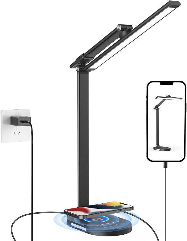 Photo 1 of XREY LED Desk Lamp with Wireless Charger, USB Charging Port, Desk Lamp Touch Control Dimmable with 5 Color Modes & 5 Brightness, Eye Caring Desk Lamp, 2 Night Lights (Blac