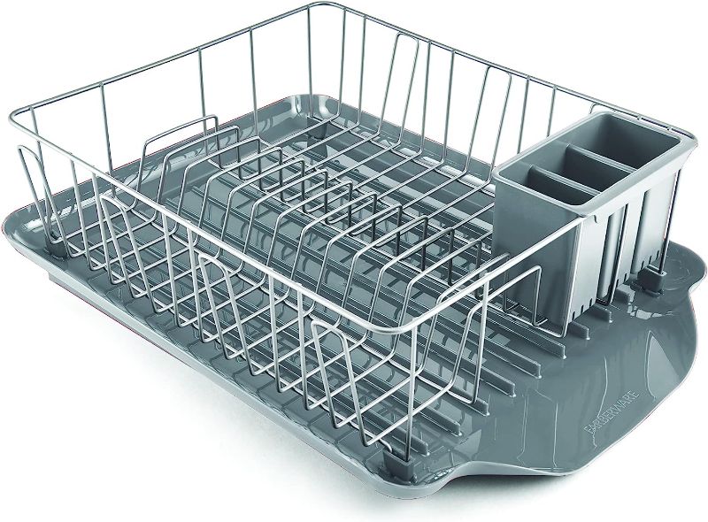 Photo 1 of Farberware Classic Large Rust Resistant Full Dishrack with Removable 3 Compartment Flatware Caddy, Andlged Drain Board, 3-Piece, Gray
