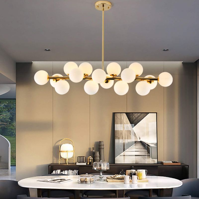 Photo 1 of CROSSIO Post-Modern Gold Chandelier Rectangle Pendant Ceiling Light Fixture for Kitchen Island Dining Room Over Table (Milky White Lampshade)
