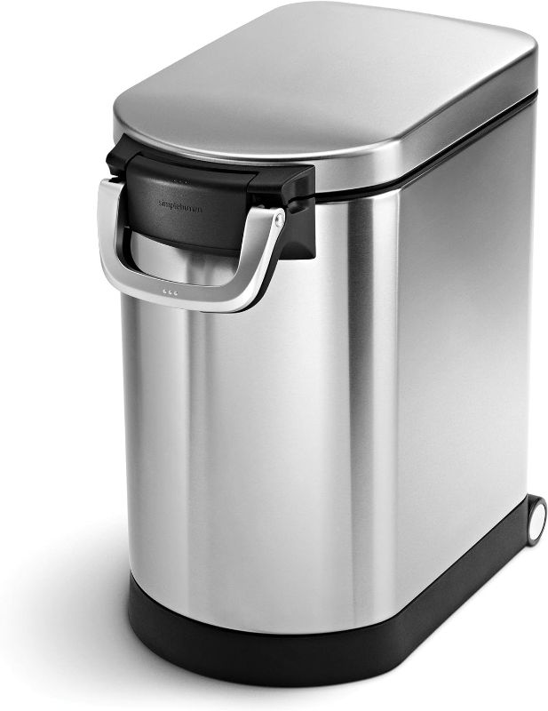 Photo 1 of simplehuman 25 Liter, 27 lb / 12.2 kg Medium Pet Food Storage Container for Dog Food, Cat Food, and Bird Feed, Brushed Stainless Steel