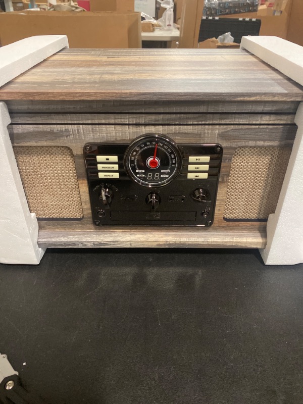 Photo 1 of Victrola Nostalgic 6-in-1 Bluetooth Record Player & Multimedia Center with Built-in Speakers - 3-Speed Turntable, CD & Cassette Player, AM/FM Radio | Wireless Music Streaming | Farmhouse Shiplap Grey