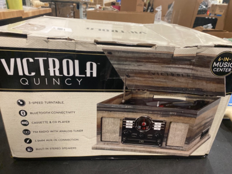 Photo 3 of Victrola Nostalgic 6-in-1 Bluetooth Record Player & Multimedia Center with Built-in Speakers - 3-Speed Turntable, CD & Cassette Player, AM/FM Radio | Wireless Music Streaming | Farmhouse Shiplap Grey