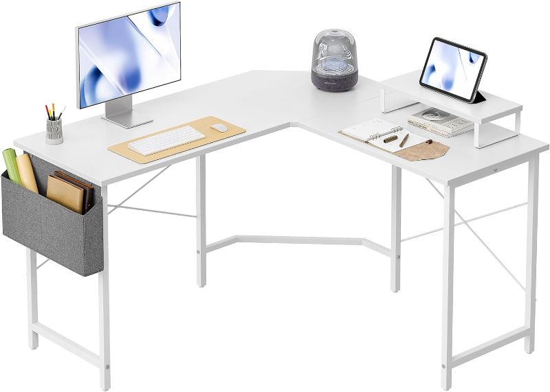 Photo 1 of CubiCubi L Shaped Gaming Desk, 47.2 inch Computer Corner Desk with Monitor Shelf for Home Office Study Writing Workstation, White