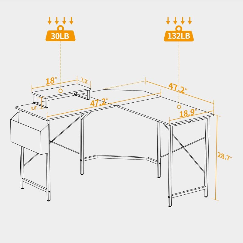 Photo 2 of CubiCubi L Shaped Gaming Desk, 47.2 inch Computer Corner Desk with Monitor Shelf for Home Office Study Writing Workstation, White