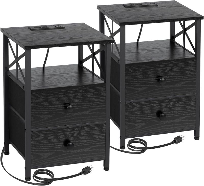 Photo 1 of AMHANCIBLE Night Stand Set 2, Black Nightstand with Charging Station, End Tables Living Room with USB Ports and Outlets, Small Bedside Table with Fabric Drawers HET05XBK