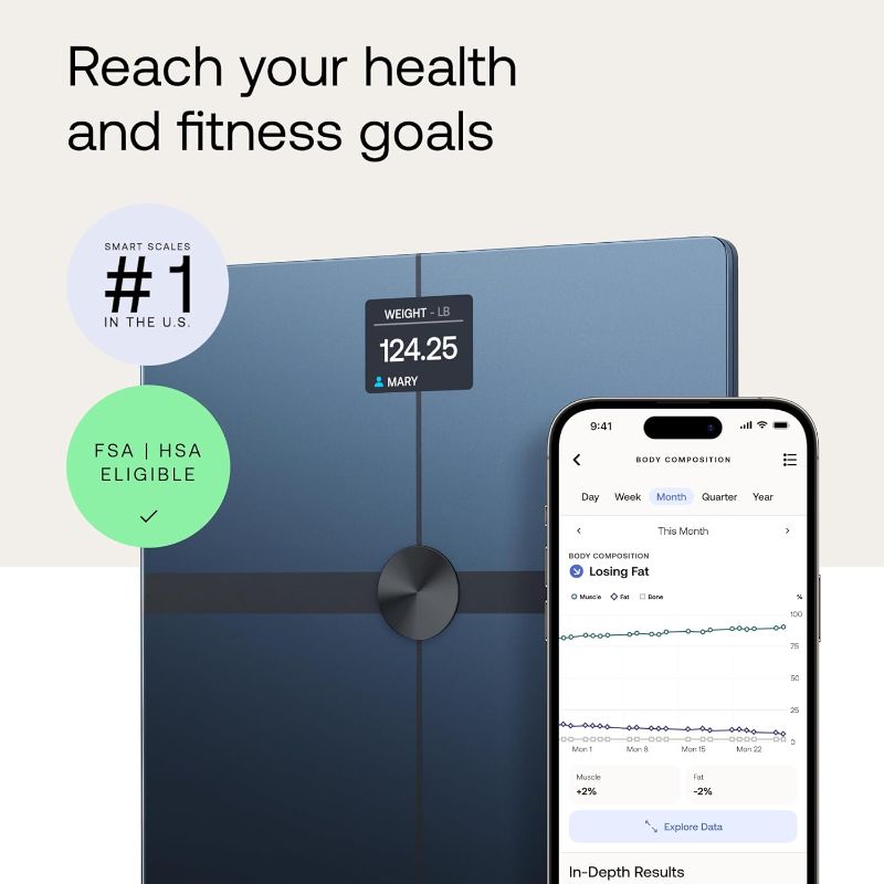 Photo 2 of WITHINGS Body Smart - Accurate Scale for Body Weight and Fat Percentage, Body Composition Wi-Fi and Bluetooth, Baby Weight Smart Scale Apple Compatible, Bathroom Scale,FSA/HSA
