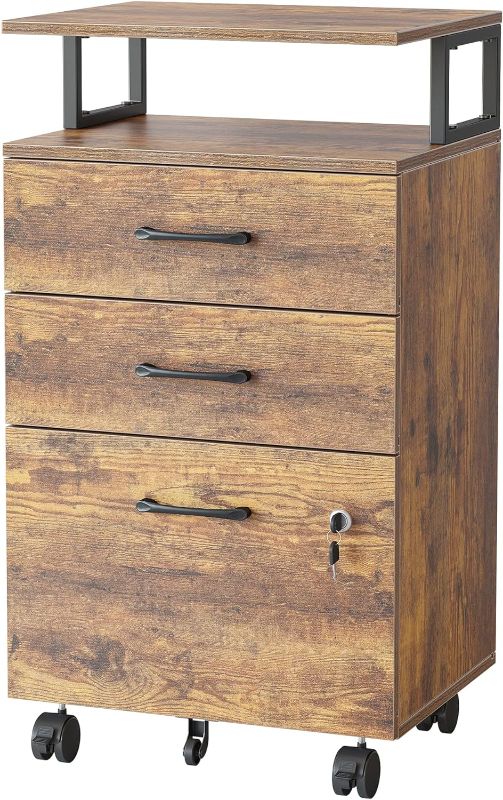 Photo 1 of FEZIBO File Storage Rolling Cabinet with Lock for Home Office, 3-Drawer, A4/Letter/Legal Size, Printer Stand, Wooden, Rustic Brown