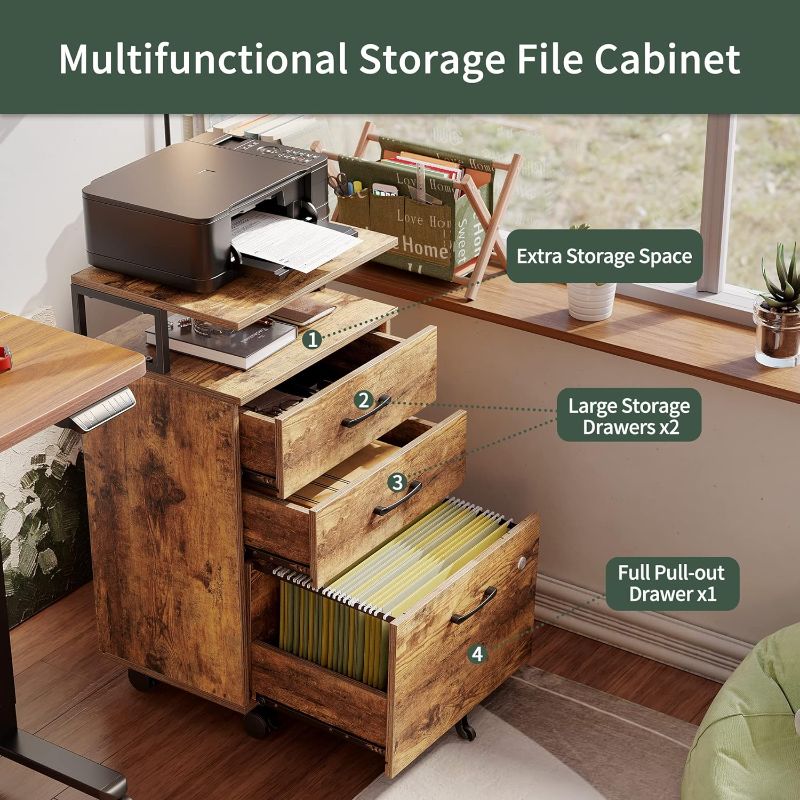 Photo 3 of FEZIBO File Storage Rolling Cabinet with Lock for Home Office, 3-Drawer, A4/Letter/Legal Size, Printer Stand, Wooden, Rustic Brown