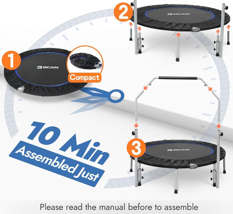 Photo 4 of BCAN 40/48" Foldable Mini Trampoline Max Load 330lbs/440lbs, Fitness Rebounder with Adjustable Foam Handle, Exercise Trampoline for Adults Indoor/Garden Workout