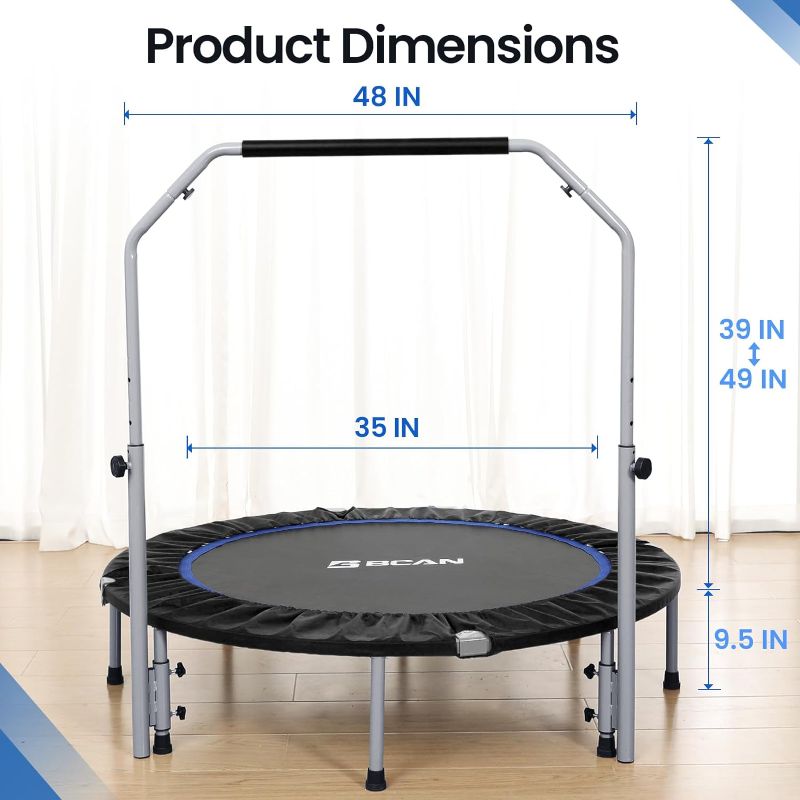 Photo 3 of BCAN 40/48" Foldable Mini Trampoline Max Load 330lbs/440lbs, Fitness Rebounder with Adjustable Foam Handle, Exercise Trampoline for Adults Indoor/Garden Workout