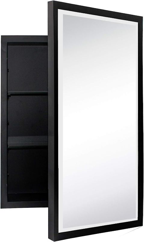 Photo 1 of TEHOME Black Metal Framed Recessed Bathroom Medicine Cabinet with Mirror Rectangle Beveled Vanity Mirrors for Wall 16 x 24 inches