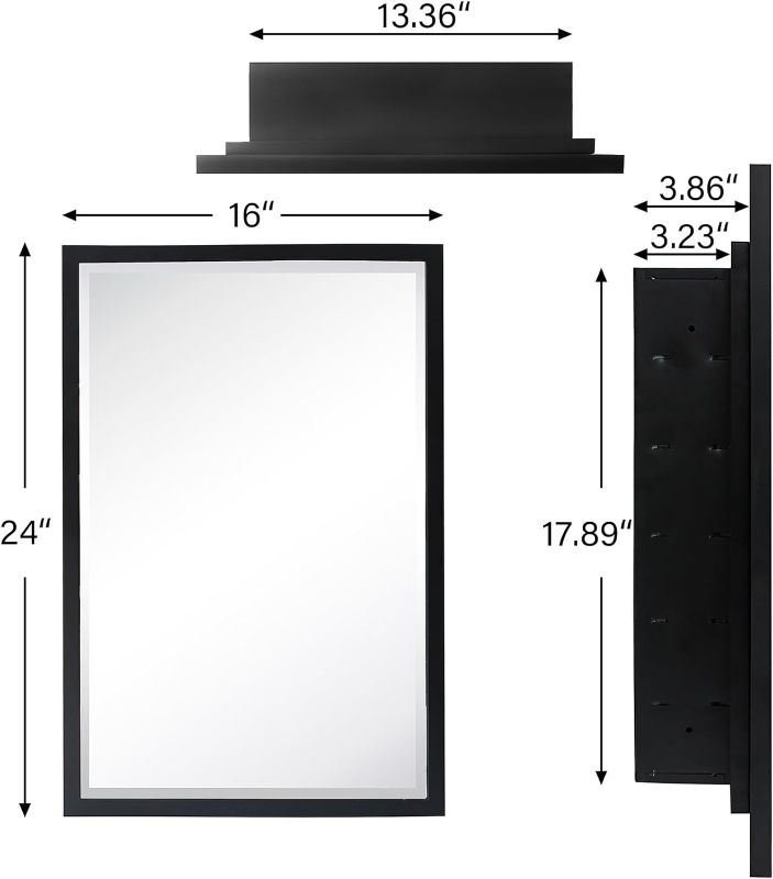 Photo 2 of TEHOME Black Metal Framed Recessed Bathroom Medicine Cabinet with Mirror Rectangle Beveled Vanity Mirrors for Wall 16 x 24 inches