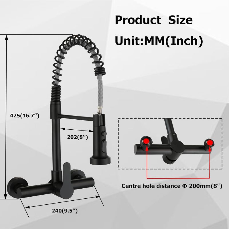 Photo 2 of LIWEIKE Wall Mounted Kitchen Faucet, Matte Black Wall Mount Kitchen Sink Faucet with Sprayer 8 inch Center, High Arc Center 360° Spring Wall Kitchen Faucet