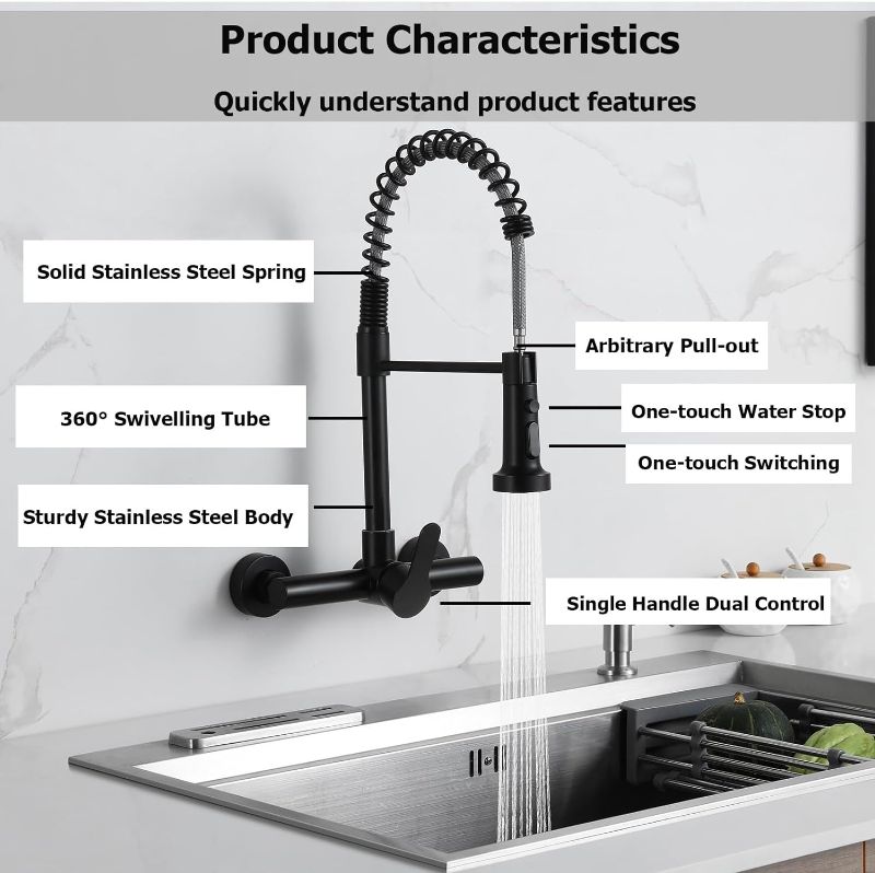 Photo 1 of LIWEIKE Wall Mounted Kitchen Faucet, Matte Black Wall Mount Kitchen Sink Faucet with Sprayer 8 inch Center, High Arc Center 360° Spring Wall Kitchen Faucet