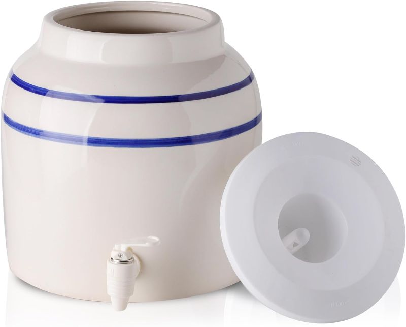 Photo 1 of Neaylfe Porcelain Ceramic Crock Water Dispenser, Spigot Included, Countertop Water Jug Dispenser, Porcelain Water Iced Beverage Dispenser, Fits 3 to 5 Gallon Jugs. - Blue Stripe