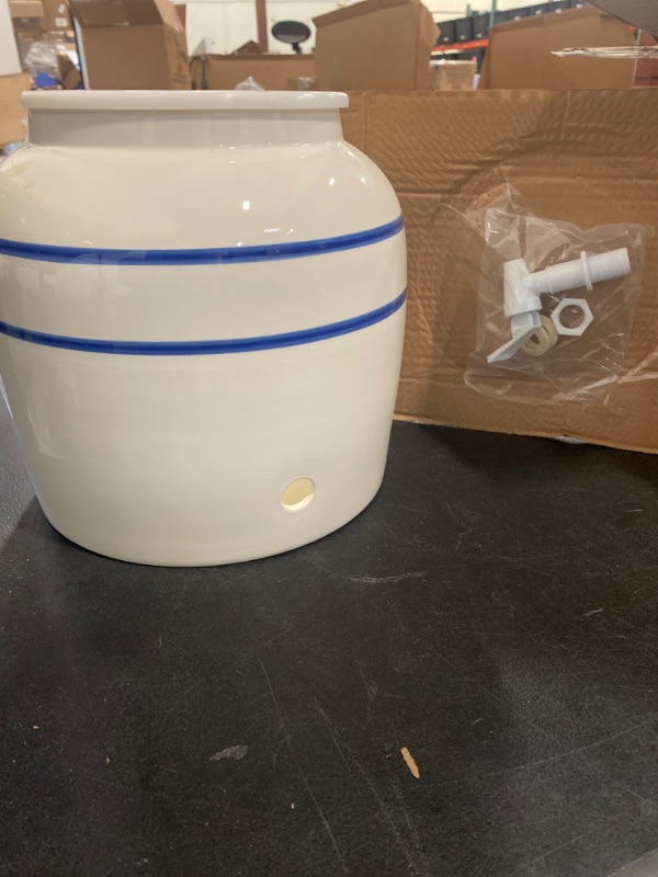 Photo 1 of Neaylfe Porcelain Ceramic Crock Water Dispenser, Spigot Included, Countertop Water Jug Dispenser, Porcelain Water Iced Beverage Dispenser, Fits 3 to 5 Gallon Jugs. - Blue Stripe