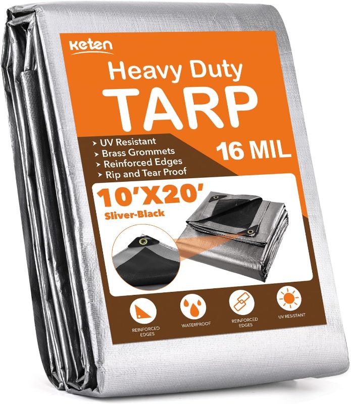 Photo 1 of Keten Tarps Heavy Duty Waterproof 10’ X 20’, Extra Thick 16 Mil, Tear & Fade Resistant, 100% UV Blocking, Outdoor Tarp with Reinforced Grommets for Roof, Camping, Patio, Pool, Boat(Silver/Black)