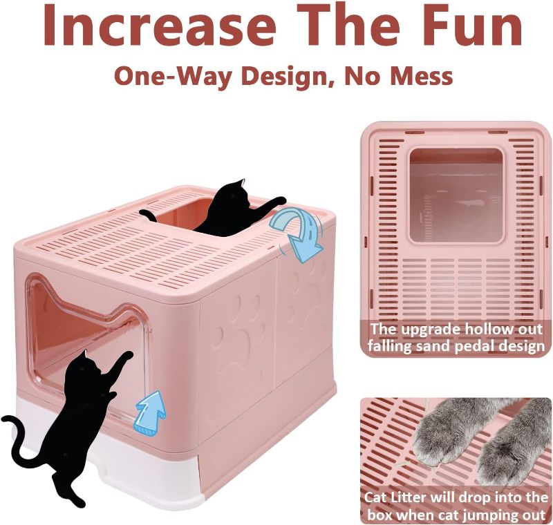 Photo 3 of Foldable Cat Litter Box with Lid, Enclosed Cat Potty, Top Entry Anti-Splashing Cat Toilet, Easy to Clean Including Cat Litter Scoop and 2-1 Cleaning Brush (Pink) Large
