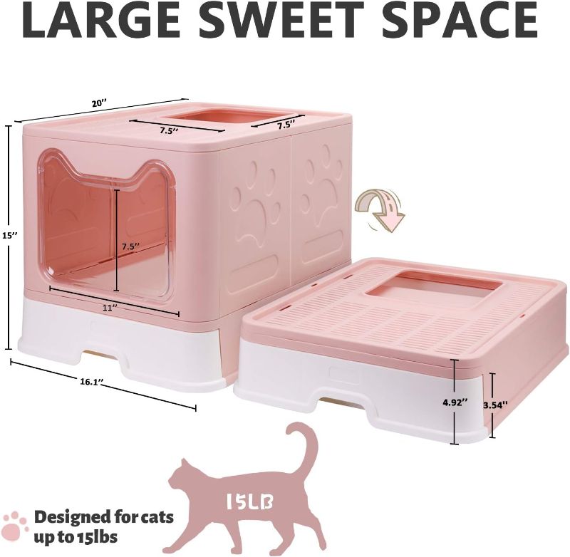 Photo 2 of Foldable Cat Litter Box with Lid, Enclosed Cat Potty, Top Entry Anti-Splashing Cat Toilet, Easy to Clean Including Cat Litter Scoop and 2-1 Cleaning Brush (Pink) Large