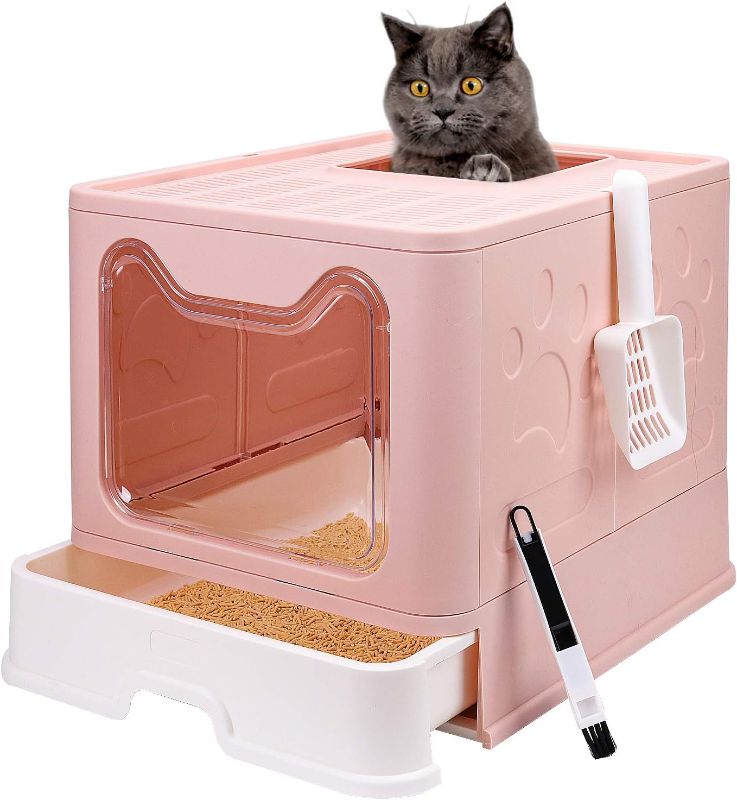 Photo 1 of Foldable Cat Litter Box with Lid, Enclosed Cat Potty, Top Entry Anti-Splashing Cat Toilet, Easy to Clean Including Cat Litter Scoop and 2-1 Cleaning Brush (Pink) Large