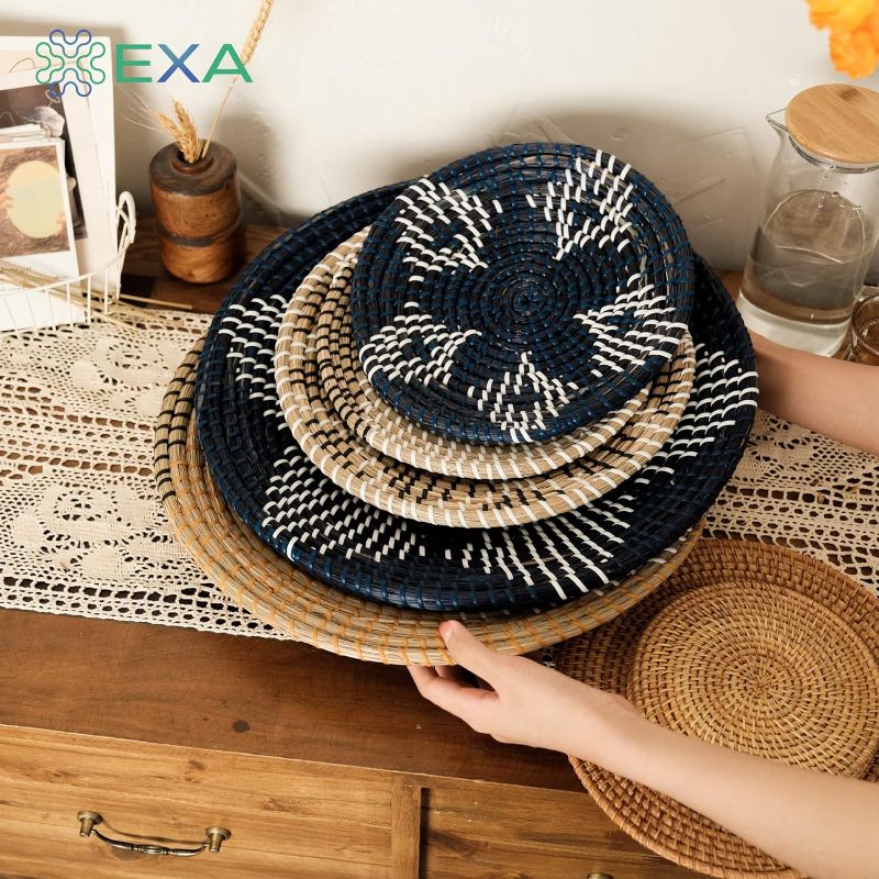 Photo 3 of EXA Set of 9 Seagrass Wall Basket Canna Decor - Boho Farmhouse Rustic Coastal Room Style - for Thanksgiving Christmas Hanging Wall Art, Gift Idea, Table Settings - Handmade, Round, Natural Wicker