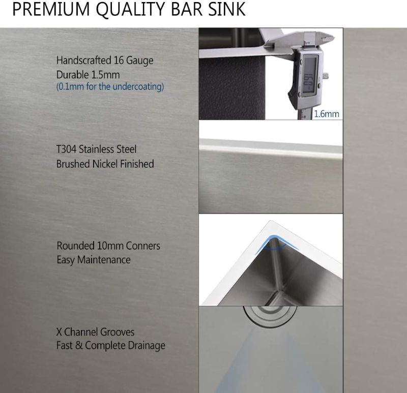 Photo 3 of Stainless Steel Undermount Bar Sink, BoomHoze 15 x 17 Inches Small Wet Bar Sink Undermount 16 Gauge SUS304 Brushed Nickel Single Bowl Outdoor Bar Sink