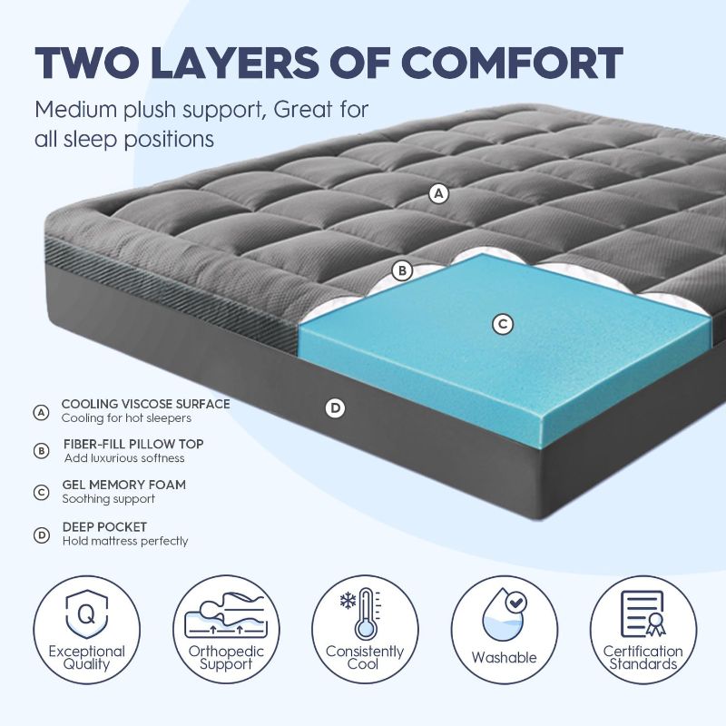 Photo 3 of ELEMUSE Dual Layer 3 Inch Memory Foam Mattress Topper King, 2 Inch Cooling Gel Memory Foam Plus 1 Inch Pillow Top Cover, Rayon Made from Bamboo Fabric, Comfort Support Back Pain Relief, Grey