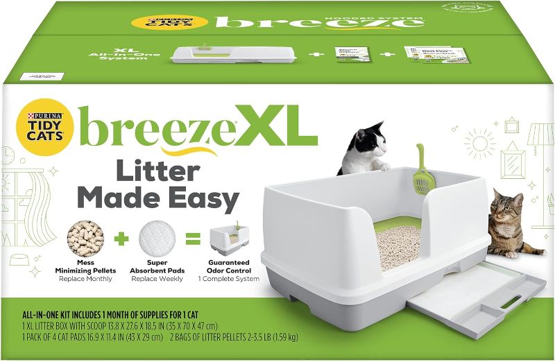 Photo 1 of Purina Tidy Cats Breeze XL cat litter box system includes a litter box with scoop, one pack of 4 cat pads and 2 bags of 3.5 lb. kitty litter pellets, giving your cat one month of refills
Extra large litter boxes for big cats come in a larger size designed
