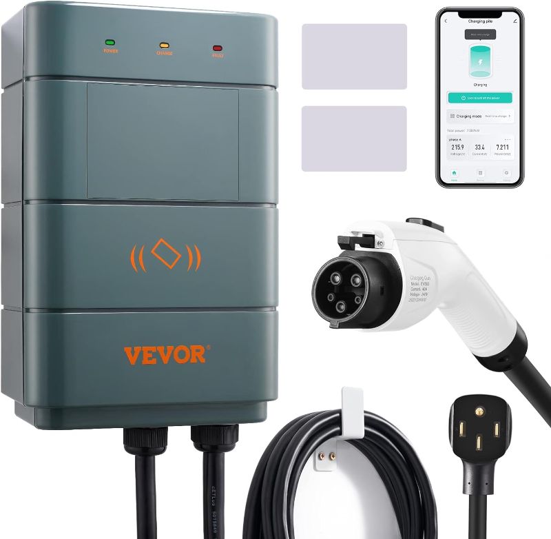 Photo 1 of VEVOR Level 2 Electric Vehicle Charging Station, 0-40A Adjustable, 9.6 kW 240V NEMA 14-50 Plug Smart EV Charger with WiFi, 22-Foot TPE Charging Cable for Indoor/Outdoor Use, ETL&Energy Star Certified