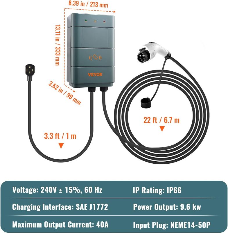 Photo 3 of VEVOR Level 2 Electric Vehicle Charging Station, 0-40A Adjustable, 9.6 kW 240V NEMA 14-50 Plug Smart EV Charger with WiFi, 22-Foot TPE Charging Cable for Indoor/Outdoor Use, ETL&Energy Star Certified