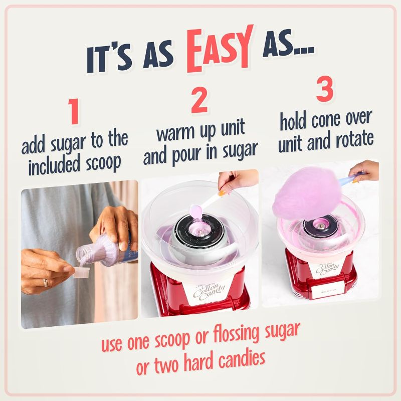 Photo 3 of Nostalgia Cotton Candy Machine - Retro Cotton Candy Machine for Kids with 2 Reusable Cones, 1 Sugar Scoop, and 1 Extractor Head – Red