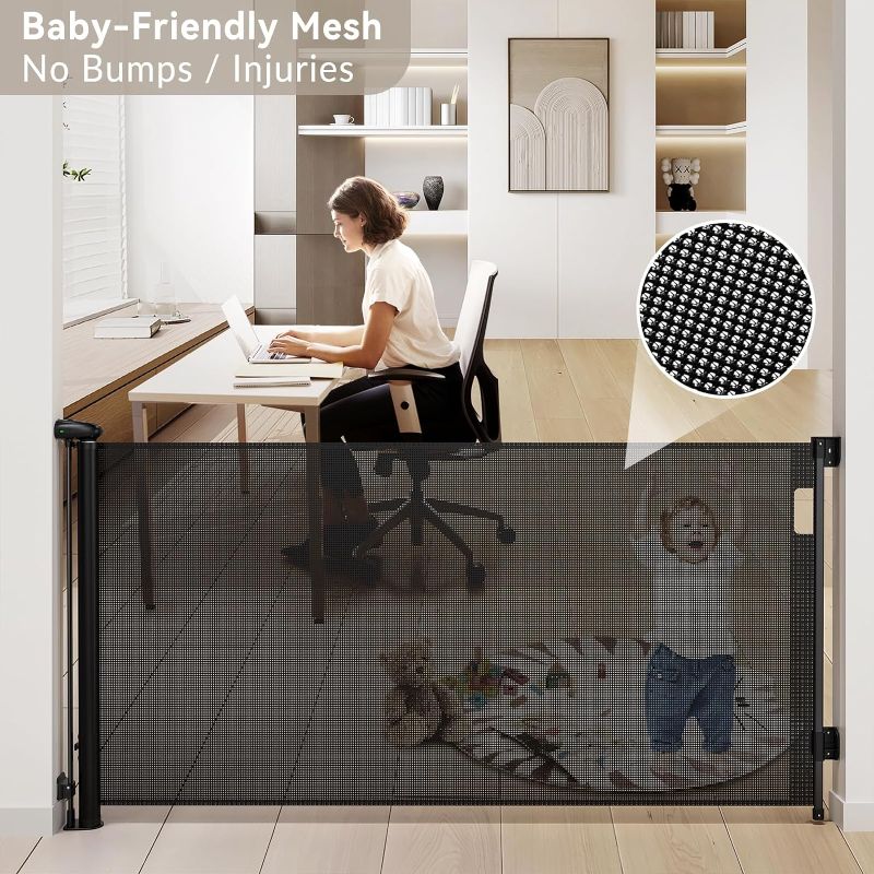 Photo 3 of 138 Inch Retractable Baby Gates Extra Wide, Uamector Mesh Baby Gate or Dog Gate,Toddler Pet Retractable Gate Adjustable Length for Large Openings Stairs Doorways Hallway Indoor Outdoor, Black