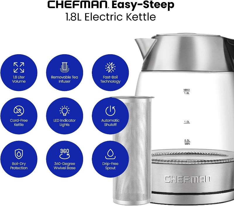 Photo 2 of Chefman Electric Glass Kettle, Fast Boiling W/ LED Lights, Auto Shutoff & Boil Dry Protection, Cordless Pouring, BPA Free, Removable Tea Infuser, 1.8 Liters, Stainless Steel