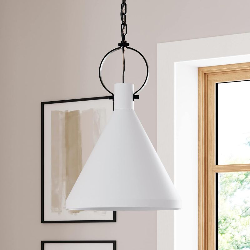 Photo 1 of Nathan James Nate Industrial Pendant Light, Hanging Ceiling Light Fixture with Metal Shade and Adjustable Chain for Home Kitchen, Island or Entryway, Matte White/Black, 