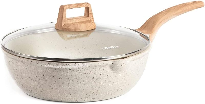 Photo 1 of CAROTE 12Inch Nonstick Deep Frying Pan with Lid, 5.5 Qt Jumbo Cooker Saute Pan with Pour Spout, Skillet Induction Cookware, Non Stick Cooking Pan Kitchen Pan PFOA Free, White Granite