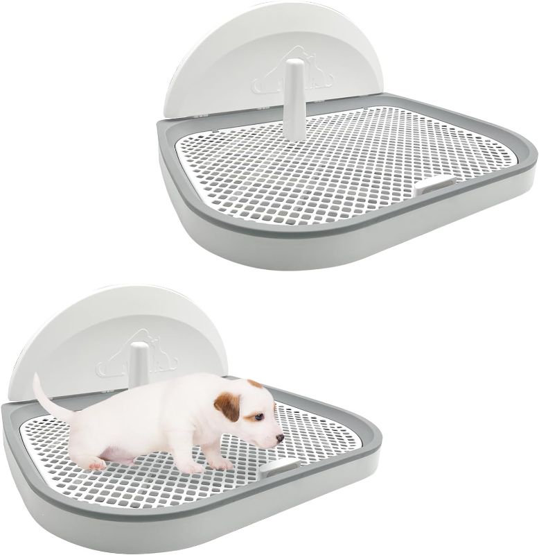 Photo 1 of Hamiledyi 2 Pcs Indoor Dog Potty with Splash Wall Puppy Mesh Training Toilet Portable Pee Pad Holder Pet Training Tray with Pee Baffle Dog Litter Box with Removable Post for Small Dogs Puddy (White)