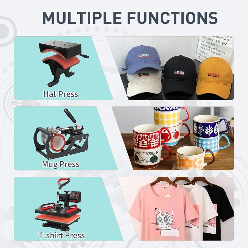 Photo 4 of Heat Press, 12" x 15" Heat Press Machine - Lya Vinyl 5 in 1 Combo Swing Away T-Shirt Sublimation Transfer Printer, Including Mug and Hat Accessories