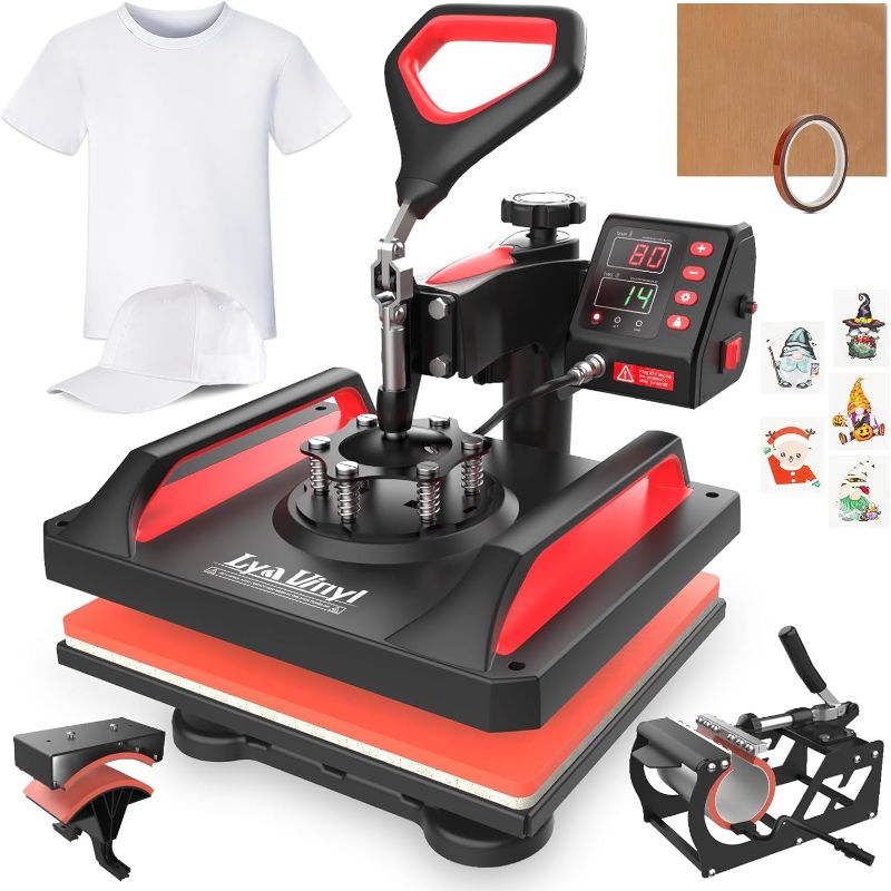 Photo 1 of Heat Press, 12" x 15" Heat Press Machine - Lya Vinyl 5 in 1 Combo Swing Away T-Shirt Sublimation Transfer Printer, Including Mug and Hat Accessories