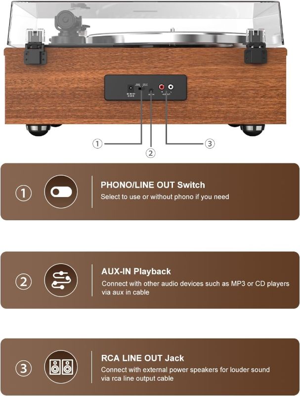 Photo 3 of Record Player All-in-One High Fidelity Turntable for Vinyl Records Built-in 4 Stereo Speakers Phono Preamp Bluetooth Auto Stop MM Cartridge ATN3600L