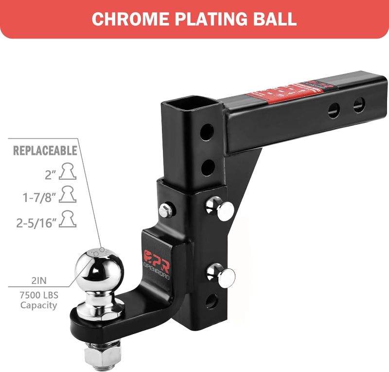 Photo 1 of OPENROAD Adjustable Trailer Hitch Ball Mount Fits 2-Inch Receiver, 2" Tow Balls 7500lbs, 9-1/2" Drop/ 8-1/4" Rise Drop Hitch, Tow Hitch for Heavy Duty Truck with Stainless Steel Pins and Lock