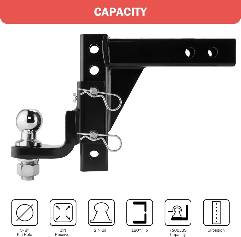 Photo 2 of OPENROAD Adjustable Trailer Hitch Ball Mount Fits 2-Inch Receiver, 2" Tow Balls 7500lbs, 9-1/2" Drop/ 8-1/4" Rise Drop Hitch, Tow Hitch for Heavy Duty Truck with Stainless Steel Pins and Lock