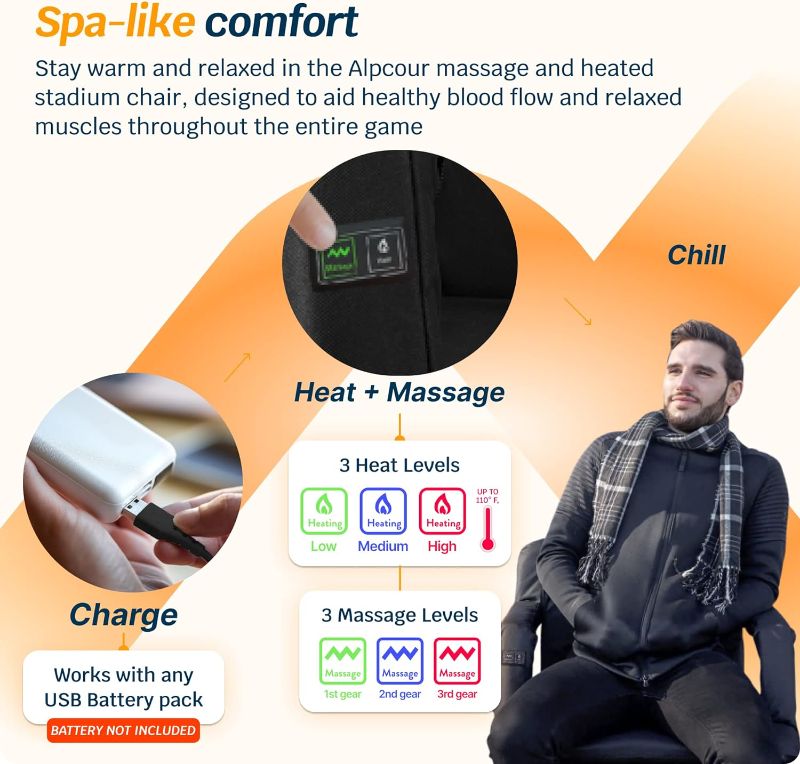 Photo 3 of Alpcour Heating Massage Stadium Seat – Deluxe Reclining Bleacher Chair with Back & Arm Support – Built-in Heater and Massager - Extra Thick, Lightweight and Waterproof with Detachable Pockets