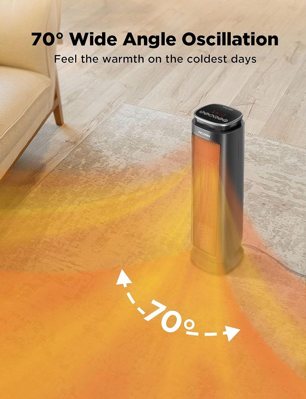 Photo 3 of PELONIS PTH15A4BGB Ceramic Tower 1500W Indoor Space Heater with Oscillation, Remote Control, Programmable Thermostat & 8H Timer, ECO Mode, Tip-Over Switch & Overheating Protection.Grey